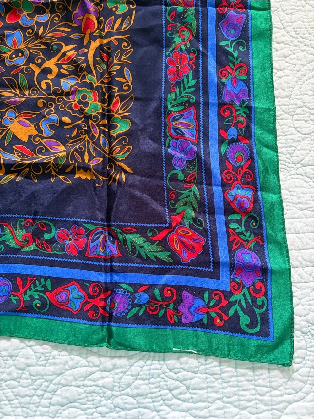 bill blass Multicolor Floral Silk Scarf with Green Border